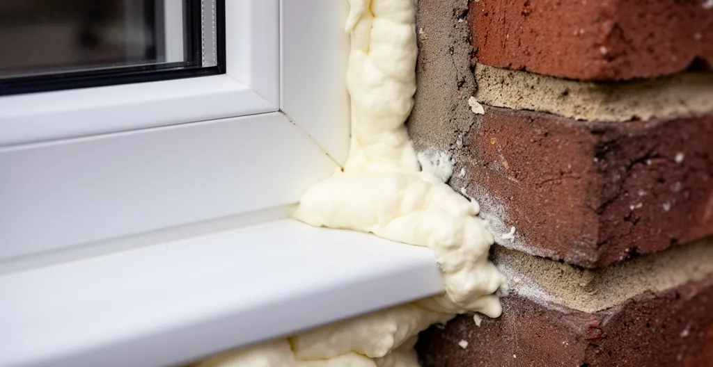 Mousse polyuréthane expansive appliquée entre dormant et mur de brique