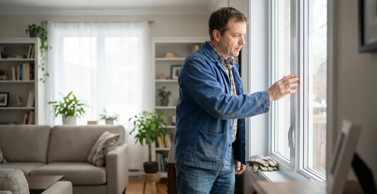 Technicien inspectant le cadre d'une fenêtre PVC pour contrôle étanchéité