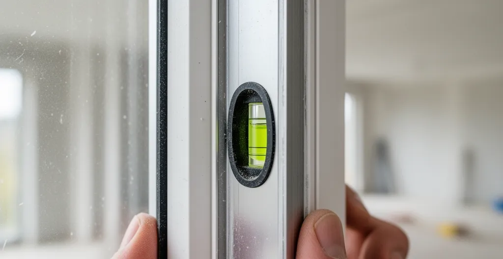 Niveau à bulle posé sur dormant de fenêtre pour vérification aplomb