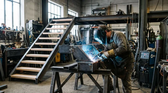 Un artisan soude une limon d'escalier en acier sur mesure dans un atelier de fabrication à Montréal.