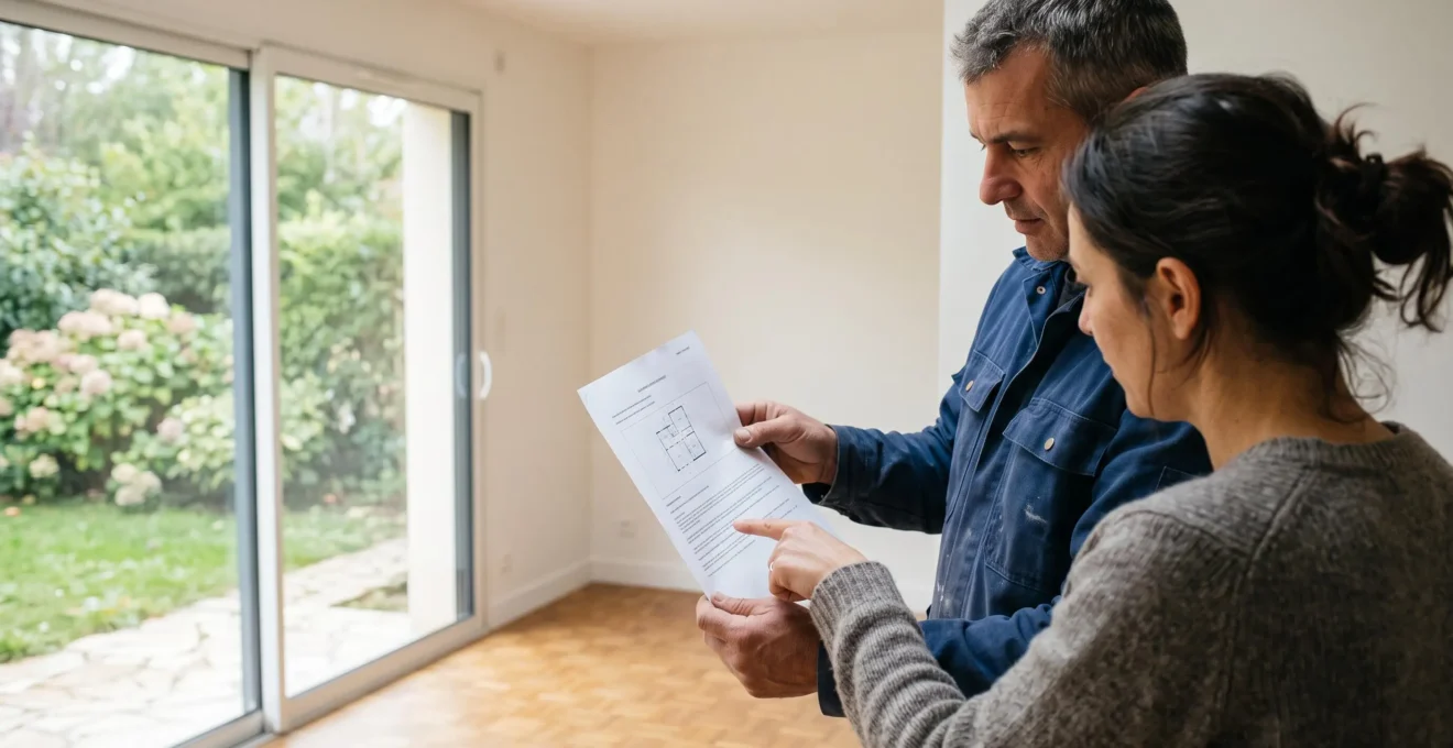 Un artisan et un propriétaire examinent ensemble un document imprimé dans une extension de plain-pied achevée.