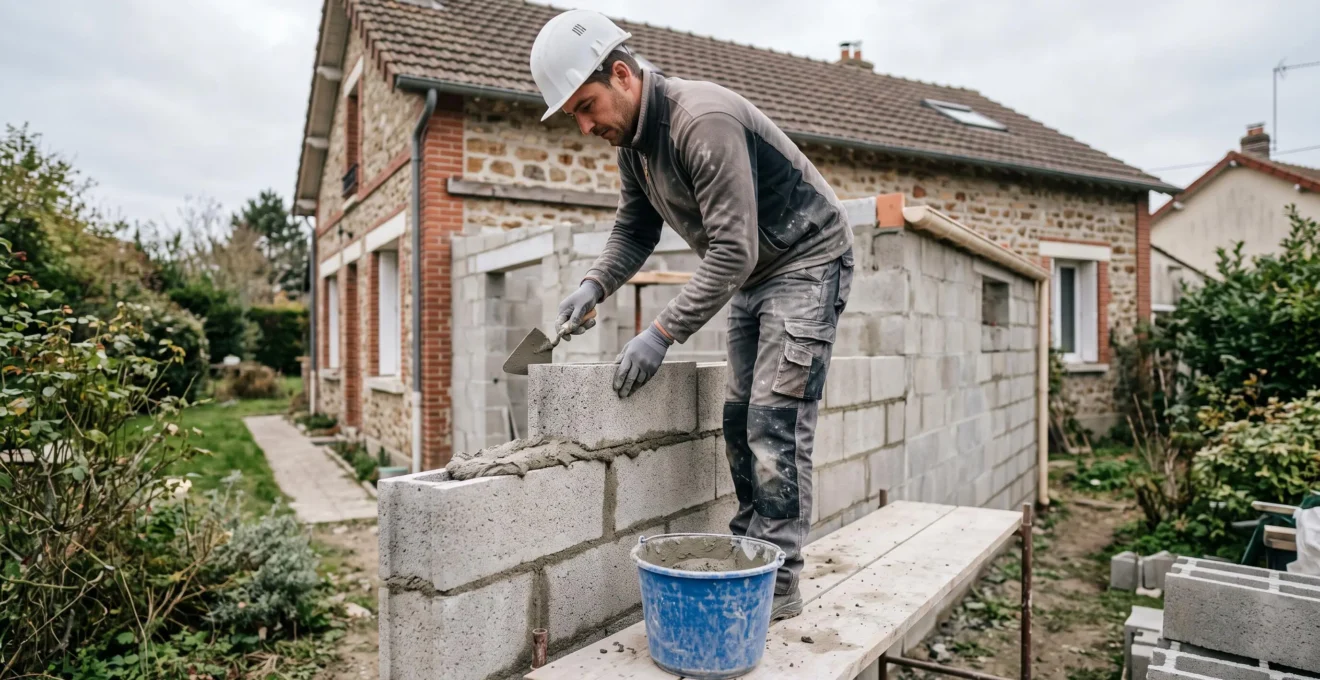 Un maçon applique du mortier au truelle sur un mur en parpaings lors du chantier d'une extension de plain-pied.